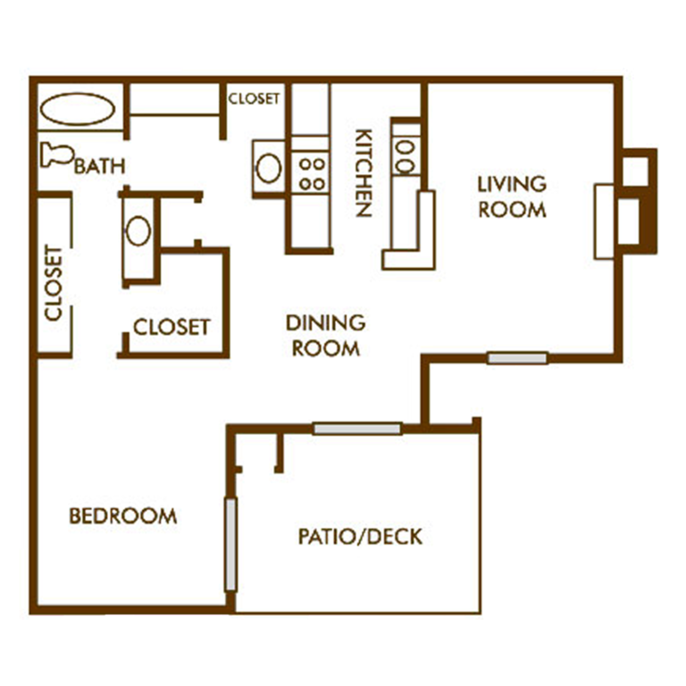 1 Bedroom with large patio/deck floor plan
