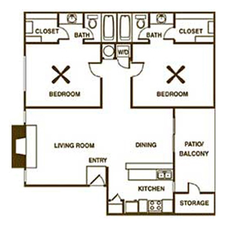 Evenly Spaced 2 Bedroom Apt Floor Plan