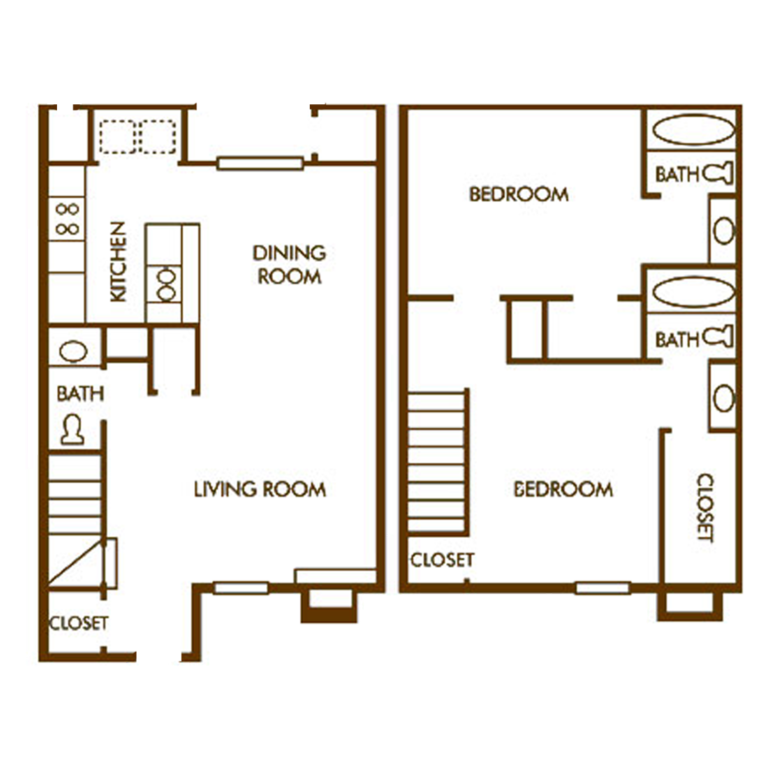 2 Bedroom 2 story floor plan for rent