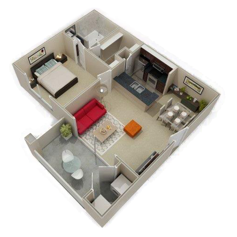 3D Photo Of 1 Bed and Bath with Patio