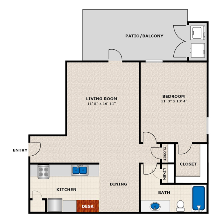 1 Bedroom Floor Plan with Patio/Balcony