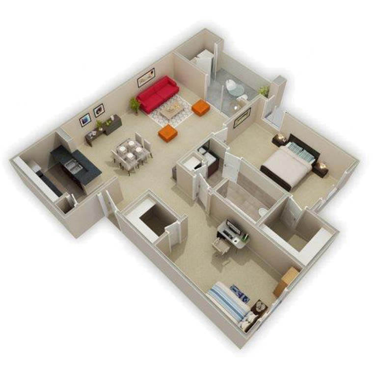 3D Photo Of 2 Bed and Shared Bath