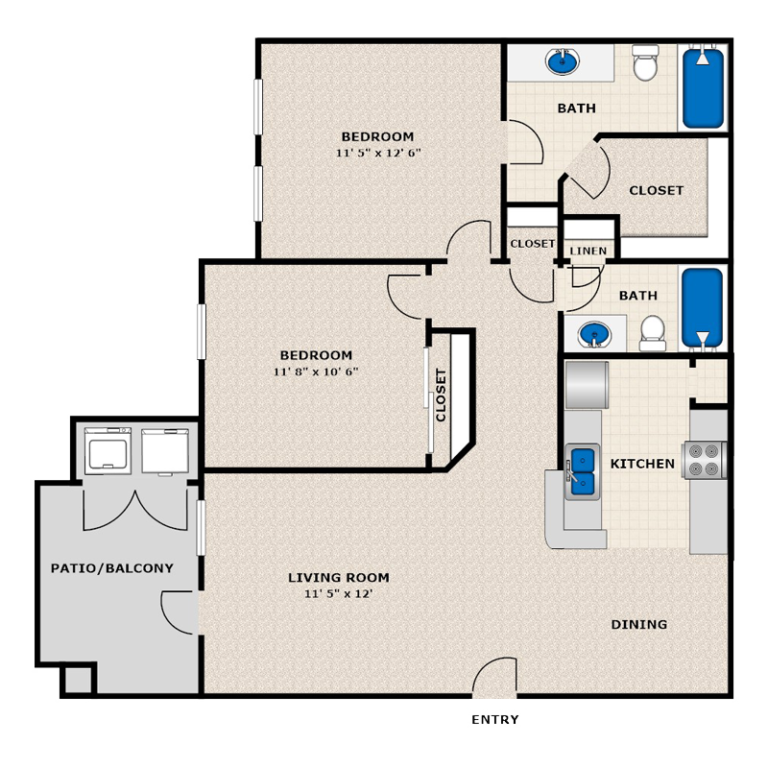 2 Bedroom Apartment in San Antonio Floor Plan