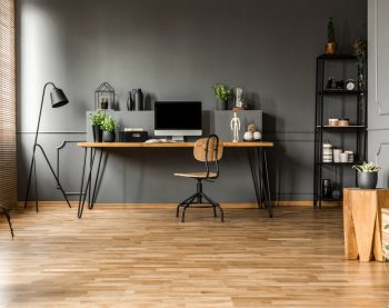 Desk Gray walls and wood floor