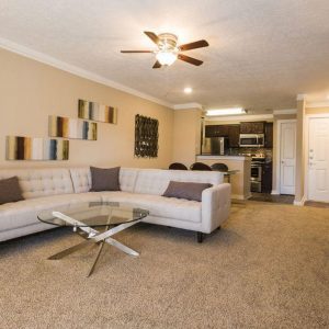 Carpeted Living Room to Front Door and Kitchen Area