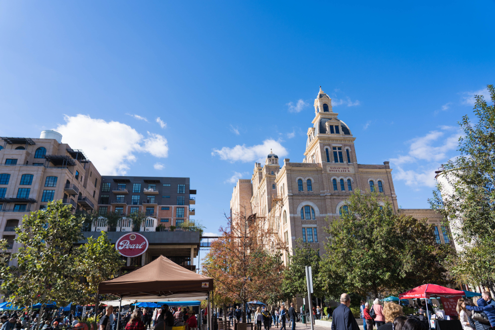 San Antonio, Texas / USA - December 9, 2018: The Historic Pearl is a gentrified space that has apartments, shopping area, restaurants, and breweries. They hold Farmer's Markets on weekends.