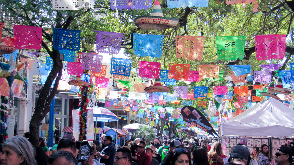 San Antonio, Texas - March 17, 2019: The Market Square of downtown San Antonio as it prepares for fiesta coming in April.