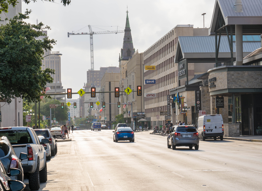 San Antonio, Texas / USA - May 30, 2019: Commerce Street in the downtown area of San Antonio is filled with Shopping Centers, Restaurants, and other attractions.