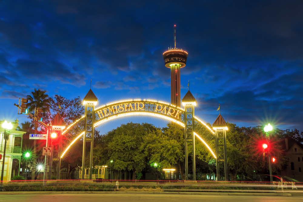 SAN ANTONIO, TEXAS, USA - SEP 20: Tower of Americas at night in San Antonio, Texas on September 20, 2014 The Tower of the Americas is a 750-foot observation tower/restaurant located at HemisFair Park