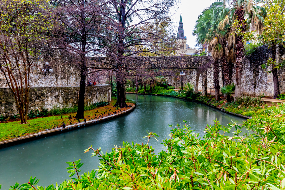 San Antonio River Walk on a rainy day. 