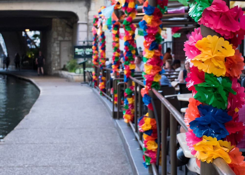 San Antonio Riverwalk Cafe Decorated for Fiesta